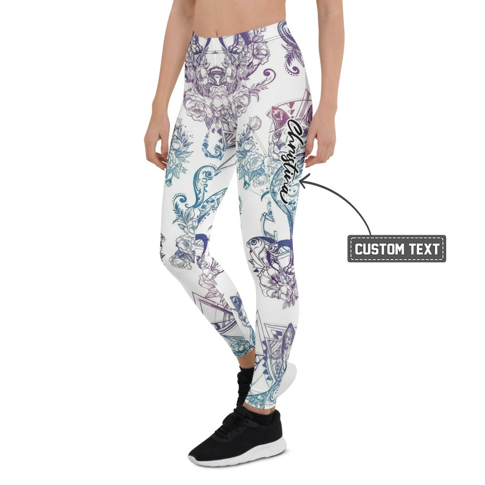 Personalisierte Damen Sportleggings Weiß Blau Lila Blumenmuster Ornament Yoga Fitness Leggings O845 - XL