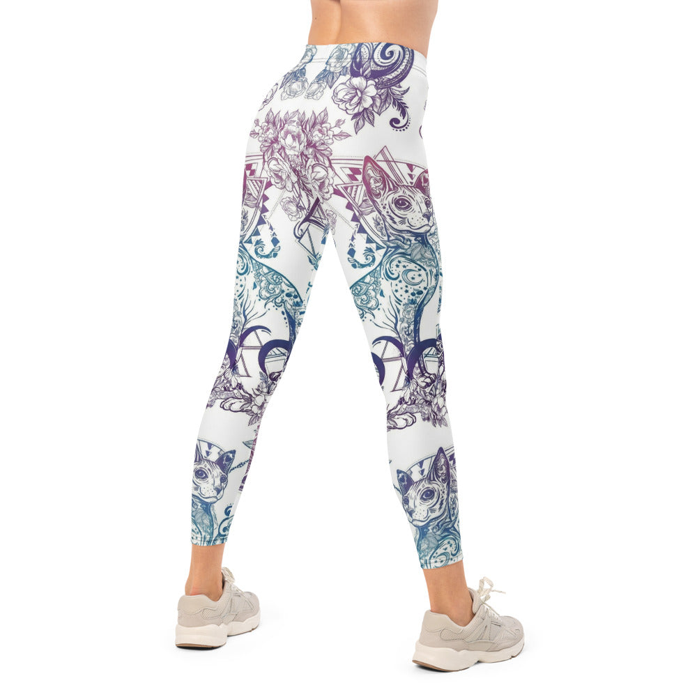 Personalisierte Damen Sportleggings Weiß Blau Lila Blumenmuster Ornament Yoga Fitness Leggings O845