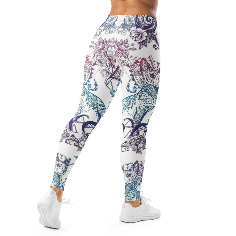Personalisierte Damen Sportleggings Weiß Blau Lila Blumenmuster Ornament Yoga Fitness Leggings O845