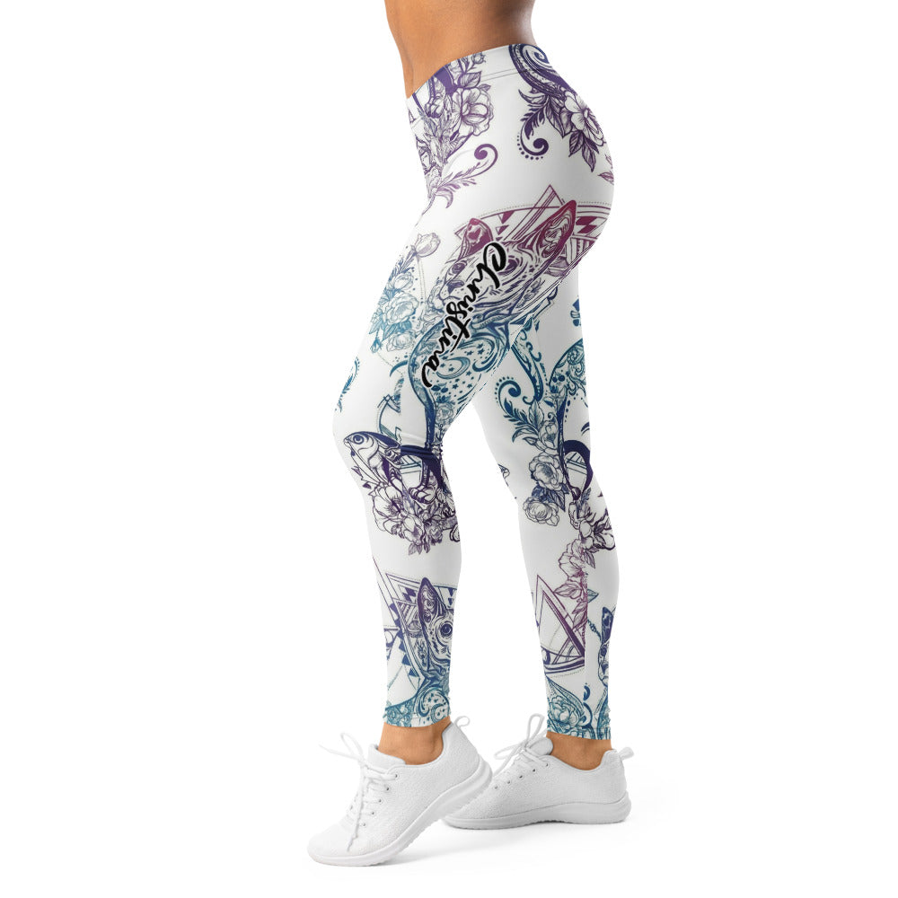 Personalisierte Damen Sportleggings Weiß Blau Lila Blumenmuster Ornament Yoga Fitness Leggings O845