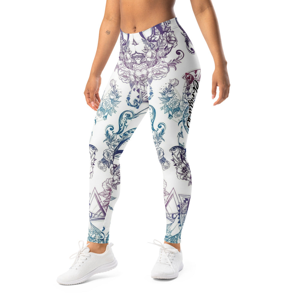 Personalisierte Damen Sportleggings Weiß Blau Lila Blumenmuster Ornament Yoga Fitness Leggings O845
