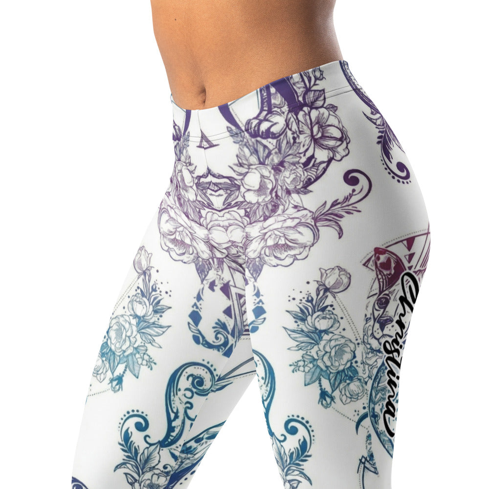 Personalisierte Damen Sportleggings Weiß Blau Lila Blumenmuster Ornament Yoga Fitness Leggings O845