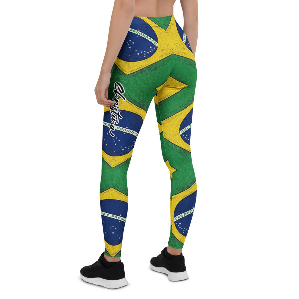 Personalisierte Sportleggings Damen Brasilien Flagge Design Grün Gelb Blau Fitness Leggings Q096