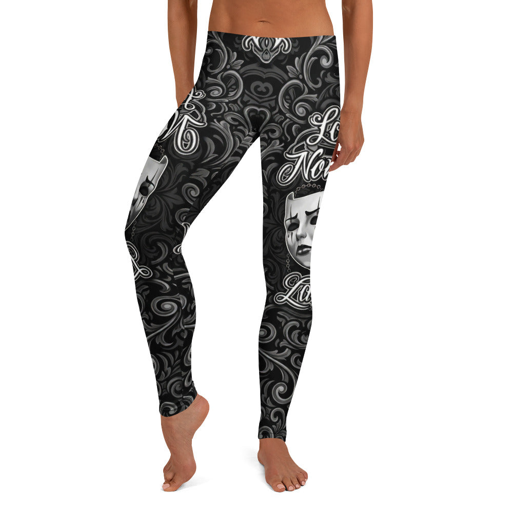 Personalisierte Sportleggings Damen Theatermasken Tattoo Design Schwarz Weiß Fitness Leggings R718