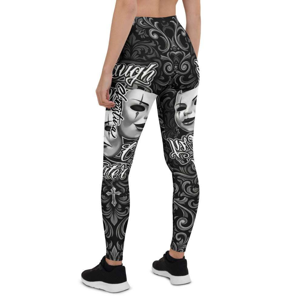 Personalisierte Sportleggings Damen Theatermasken Tattoo Design Schwarz Weiß Fitness Leggings R718