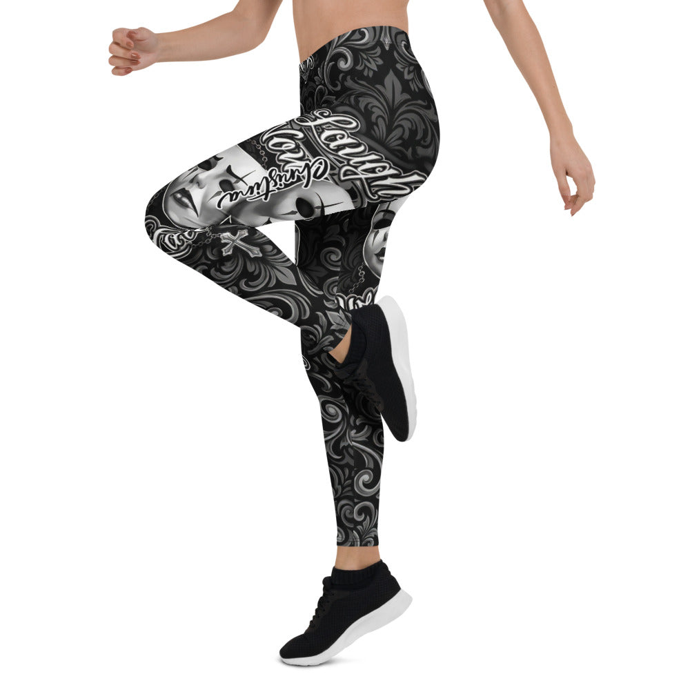 Personalisierte Sportleggings Damen Theatermasken Tattoo Design Schwarz Weiß Fitness Leggings R718