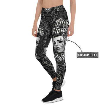 Personalisierte Sportleggings Damen Theatermasken Tattoo Design Schwarz Weiß Fitness Leggings R718 - XL