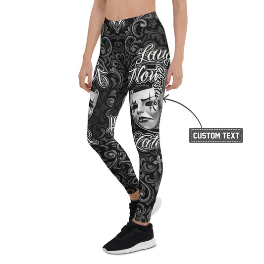 Personalisierte Sportleggings Damen Theatermasken Tattoo Design Schwarz Weiß Fitness Leggings R718 - XL