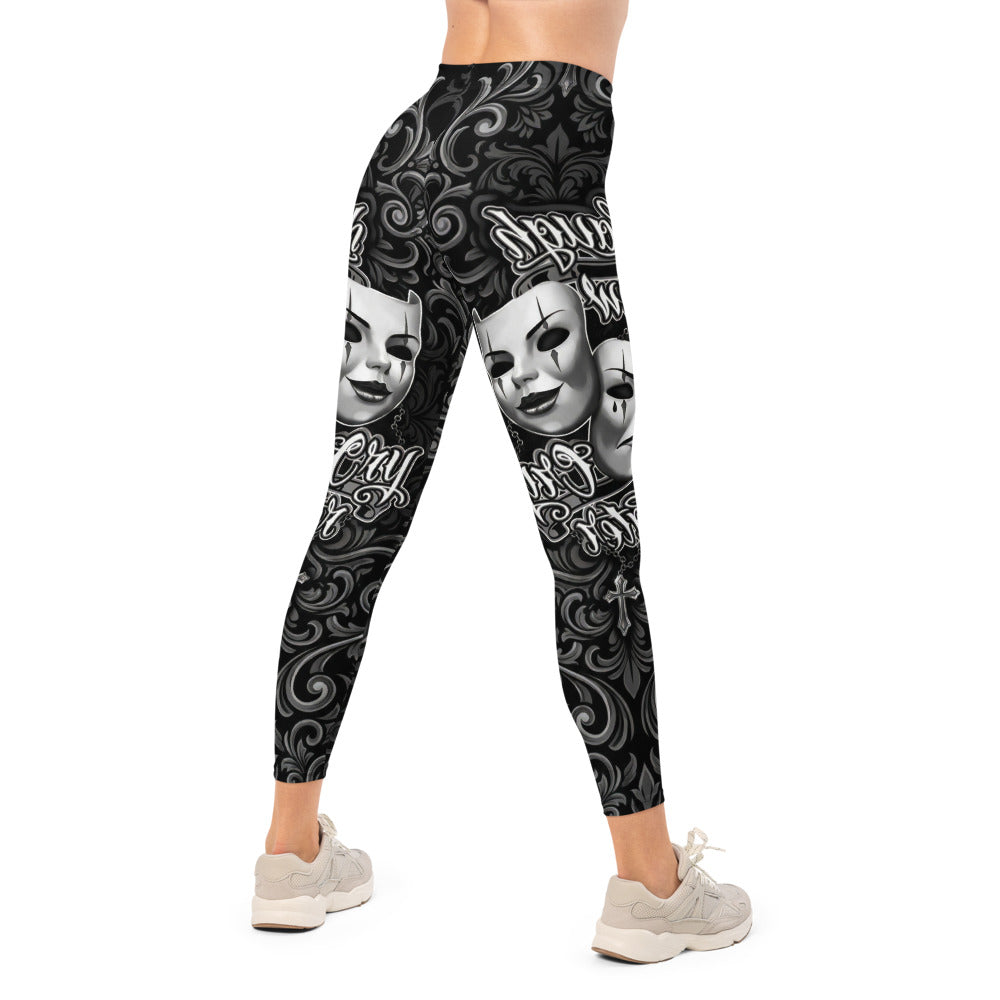 Personalisierte Sportleggings Damen Theatermasken Tattoo Design Schwarz Weiß Fitness Leggings R718