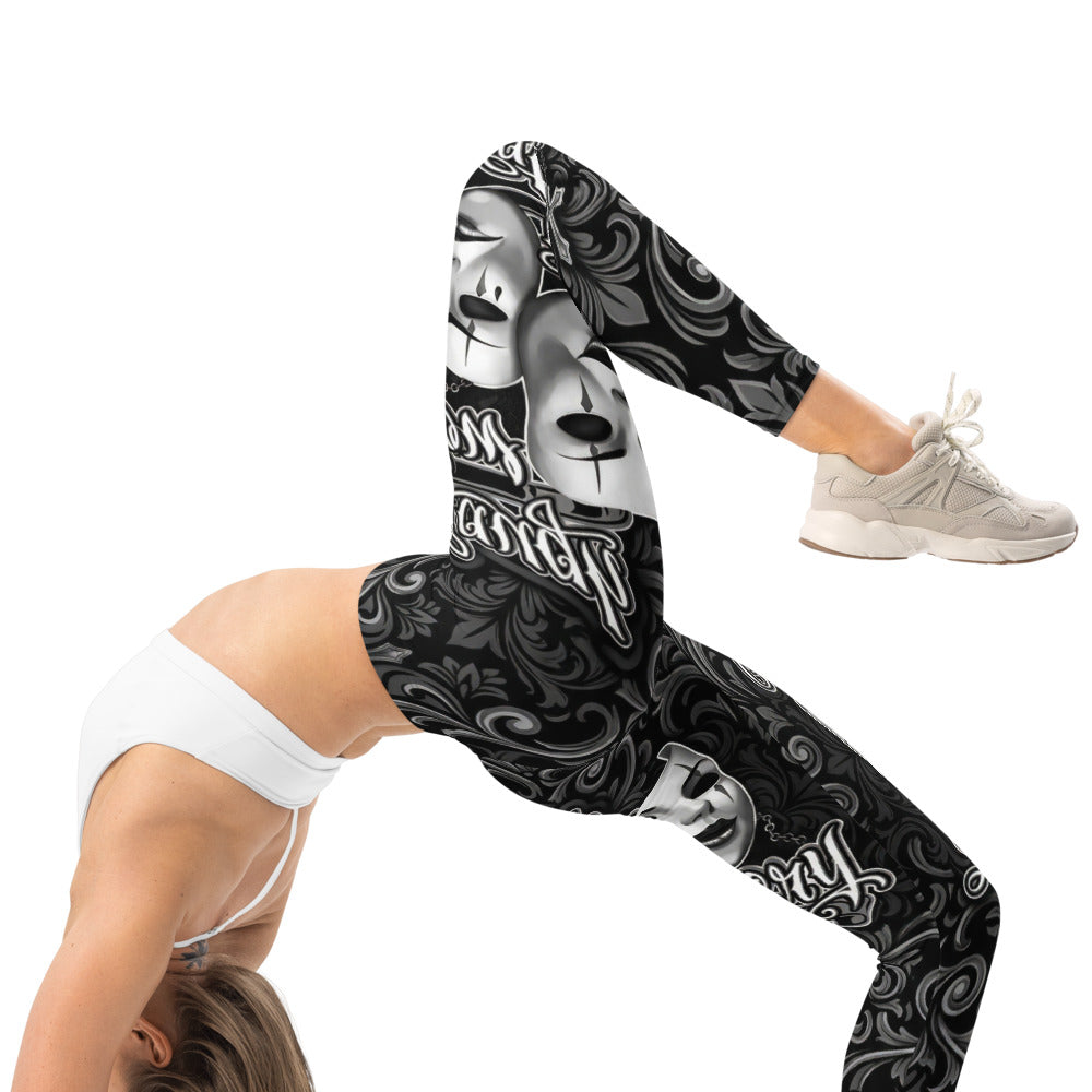 Personalisierte Sportleggings Damen Theatermasken Tattoo Design Schwarz Weiß Fitness Leggings R718