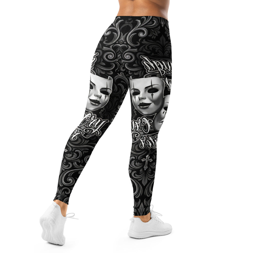 Personalisierte Sportleggings Damen Theatermasken Tattoo Design Schwarz Weiß Fitness Leggings R718