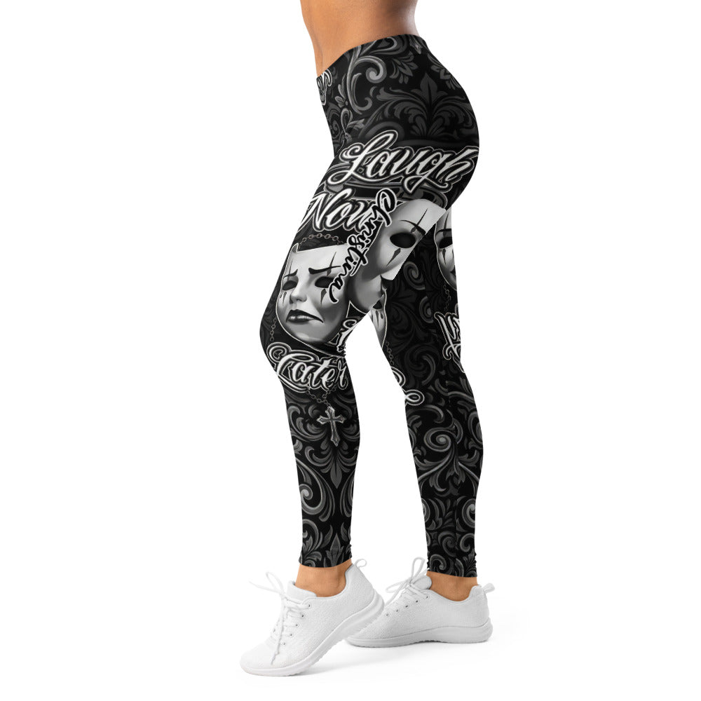 Personalisierte Sportleggings Damen Theatermasken Tattoo Design Schwarz Weiß Fitness Leggings R718