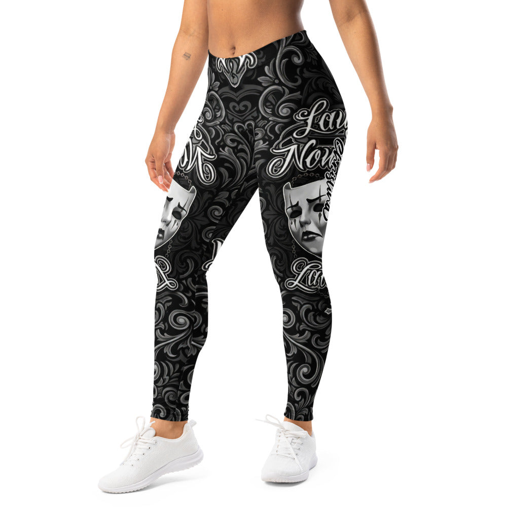 Personalisierte Sportleggings Damen Theatermasken Tattoo Design Schwarz Weiß Fitness Leggings R718