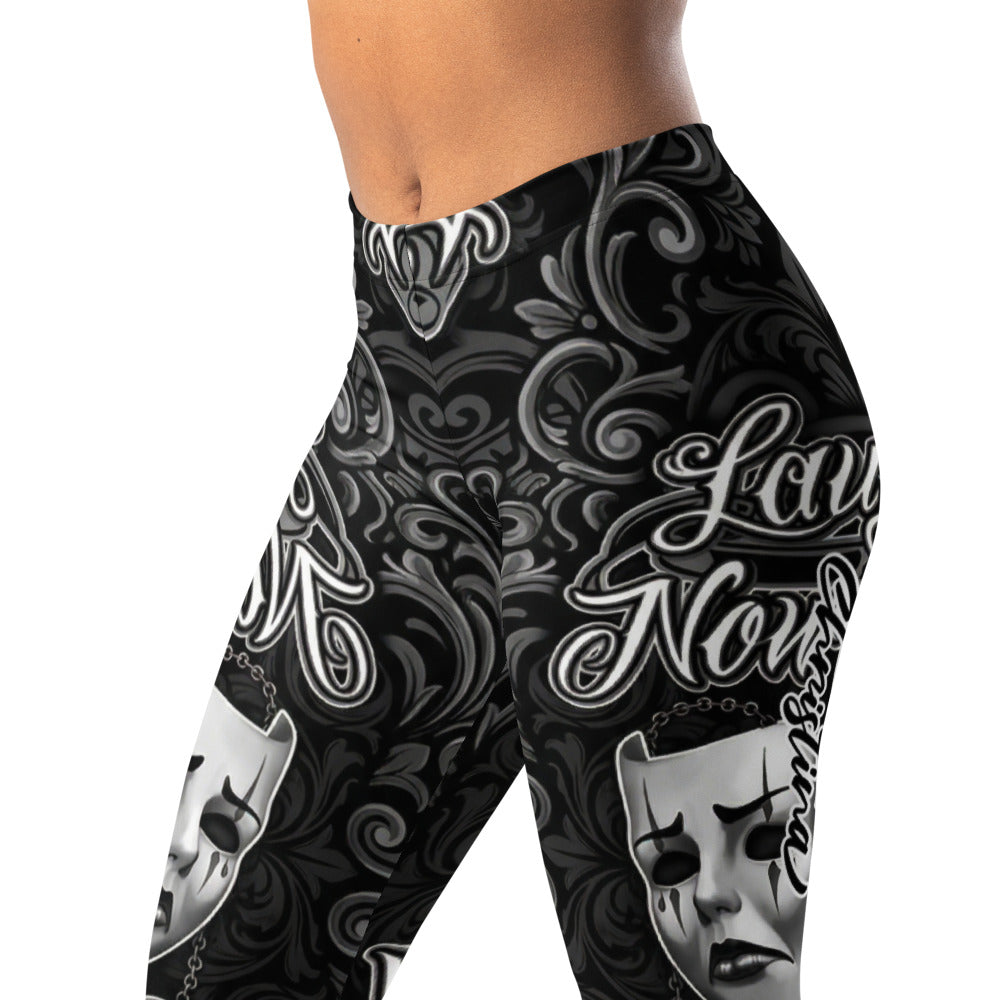 Personalisierte Sportleggings Damen Theatermasken Tattoo Design Schwarz Weiß Fitness Leggings R718