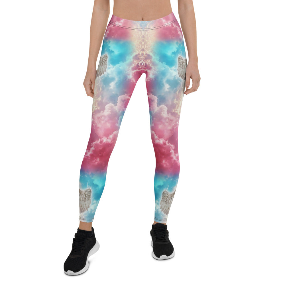 Personalisierte Damen Sportleggings Wolken Design Pink Blau Yoga Leggings mit Engelsflügel Motiv A392