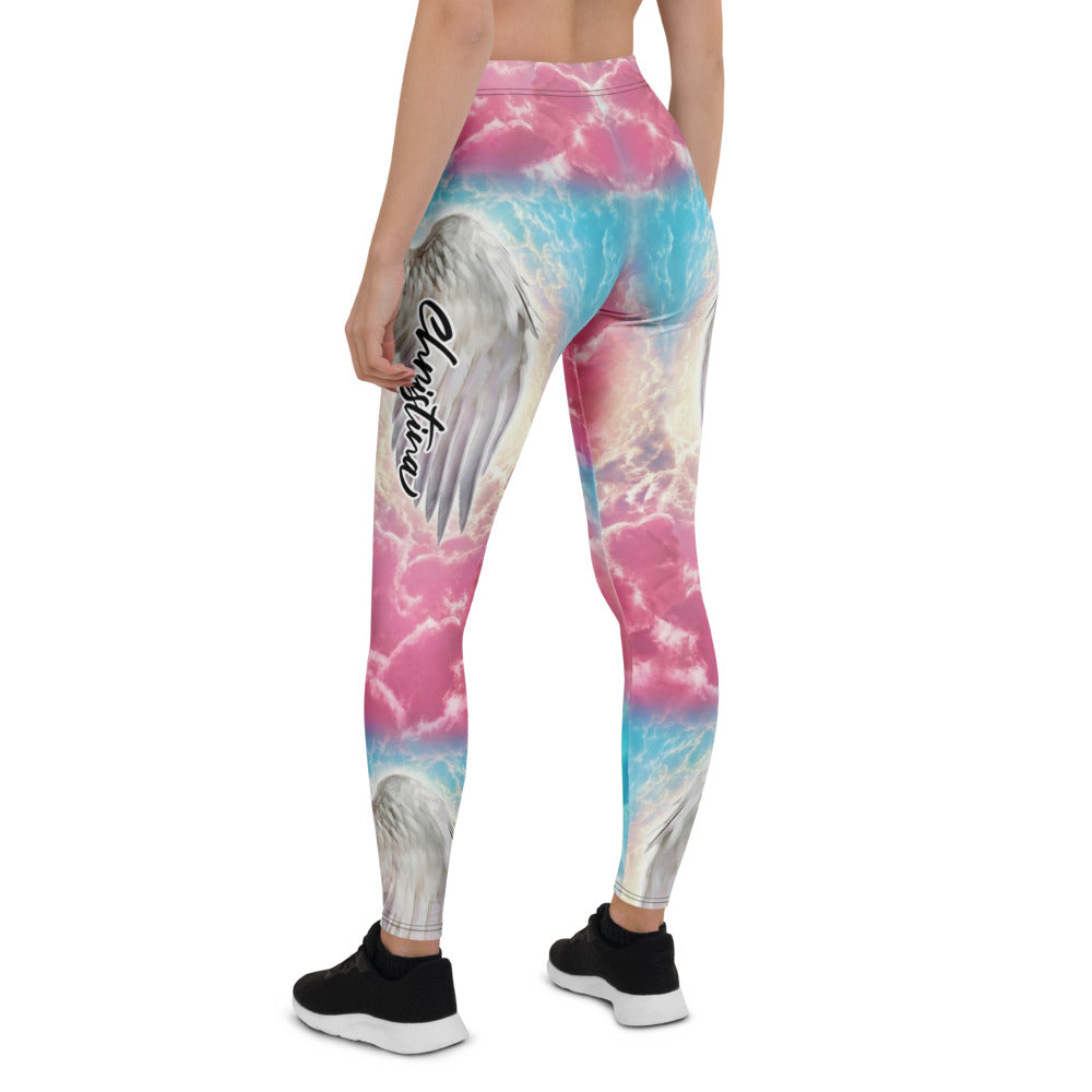Personalisierte Damen Sportleggings Wolken Design Pink Blau Yoga Leggings mit Engelsflügel Motiv A392