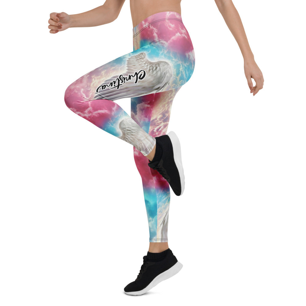 Personalisierte Damen Sportleggings Wolken Design Pink Blau Yoga Leggings mit Engelsflügel Motiv A392