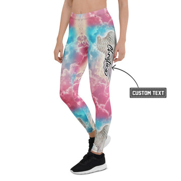 Personalisierte Damen Sportleggings Wolken Design Pink Blau Yoga Leggings mit Engelsflügel Motiv A392 - XL
