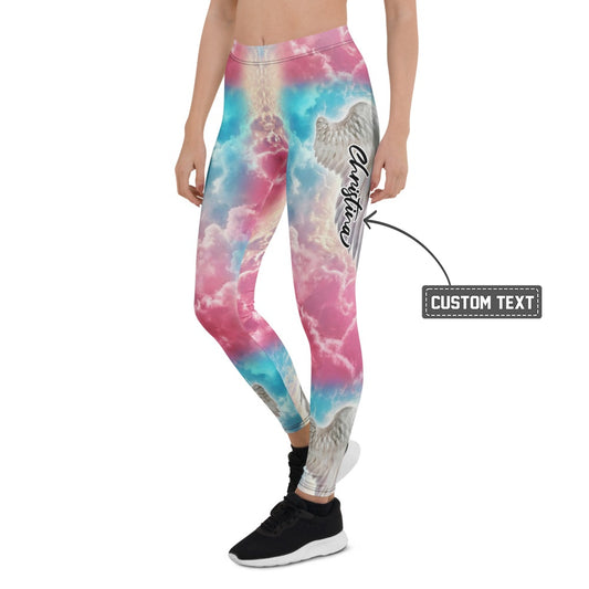 Personalisierte Damen Sportleggings Wolken Design Pink Blau Yoga Leggings mit Engelsflügel Motiv A392 - XL