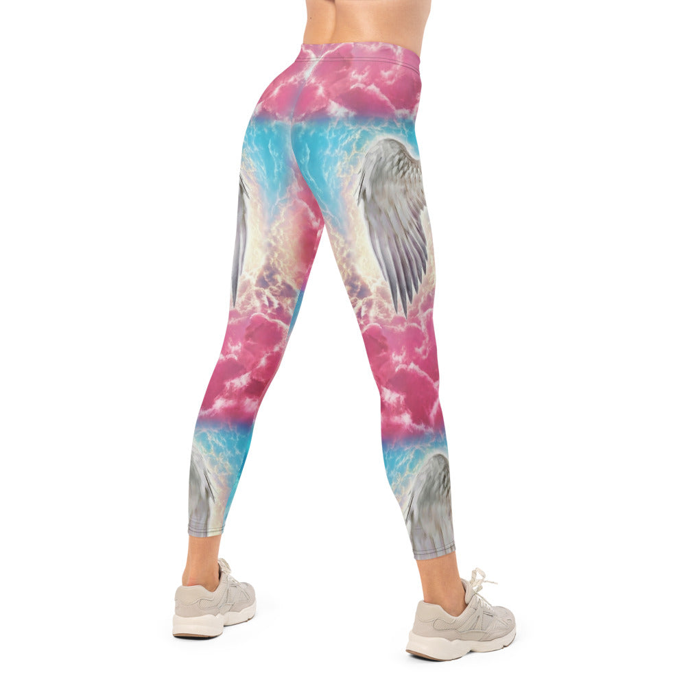 Personalisierte Damen Sportleggings Wolken Design Pink Blau Yoga Leggings mit Engelsflügel Motiv A392