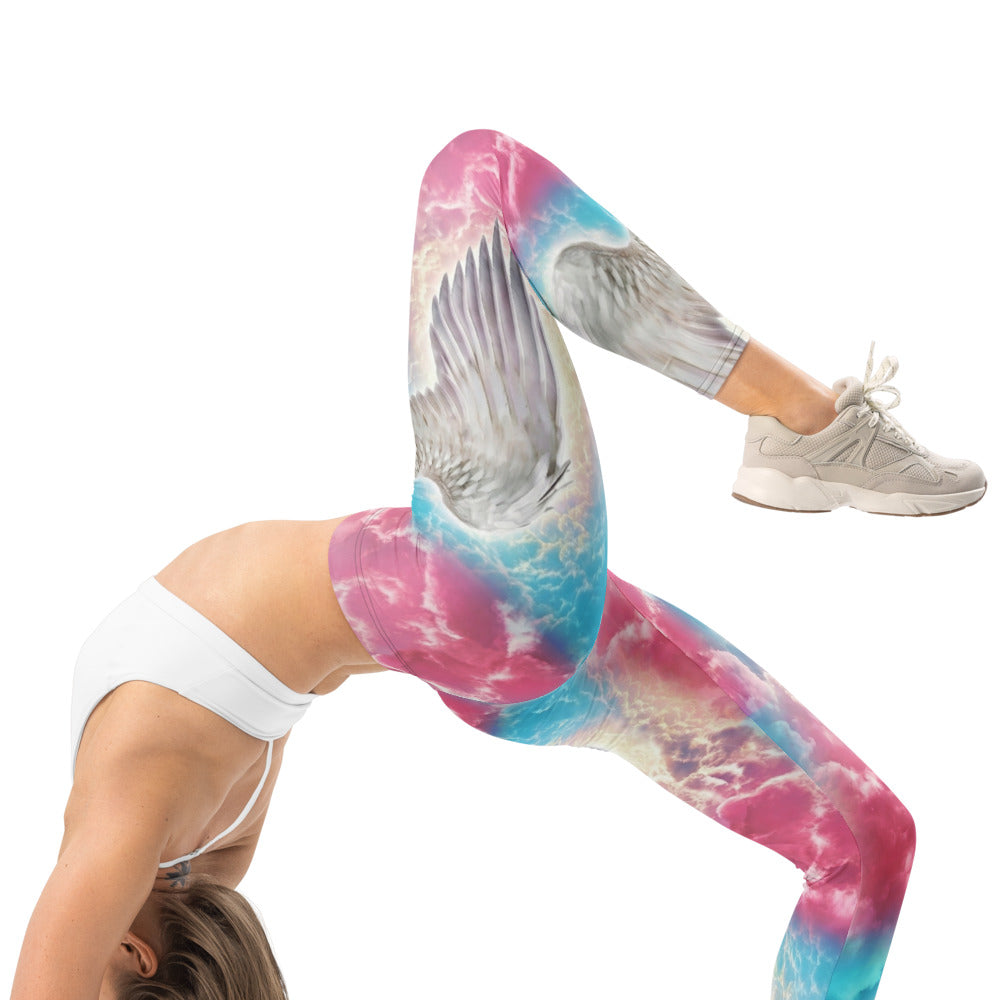 Personalisierte Damen Sportleggings Wolken Design Pink Blau Yoga Leggings mit Engelsflügel Motiv A392
