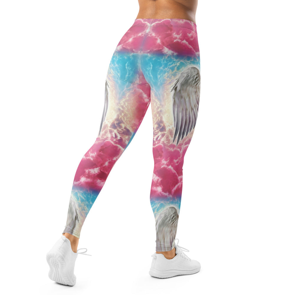 Personalisierte Damen Sportleggings Wolken Design Pink Blau Yoga Leggings mit Engelsflügel Motiv A392