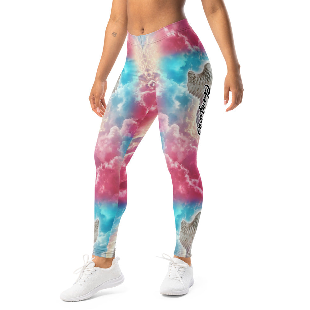 Personalisierte Damen Sportleggings Wolken Design Pink Blau Yoga Leggings mit Engelsflügel Motiv A392