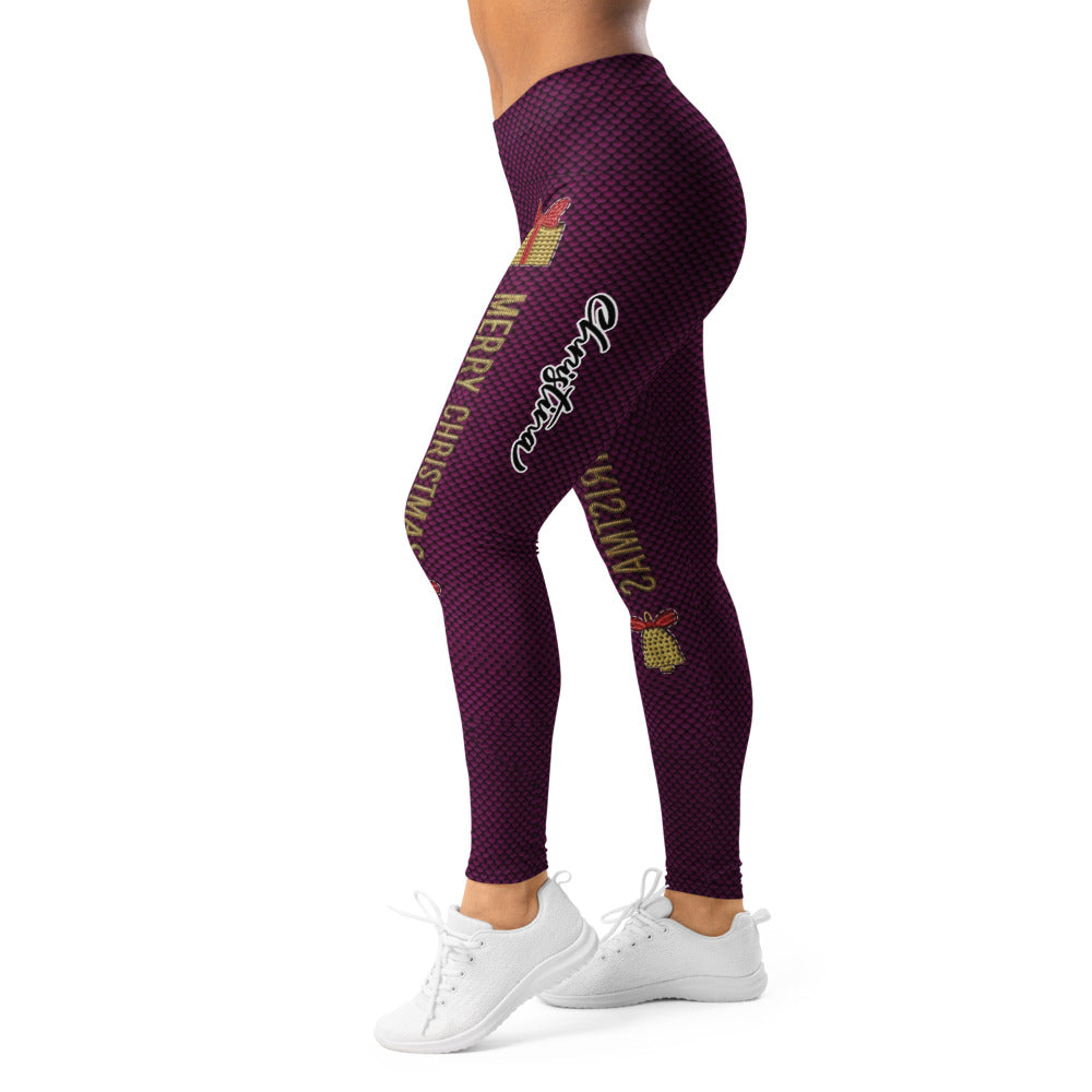 Personalisierte Damen Sportleggings Weihnachten Merry Christmas Design Weinrot Wabenmuster Fitness Leggings V302