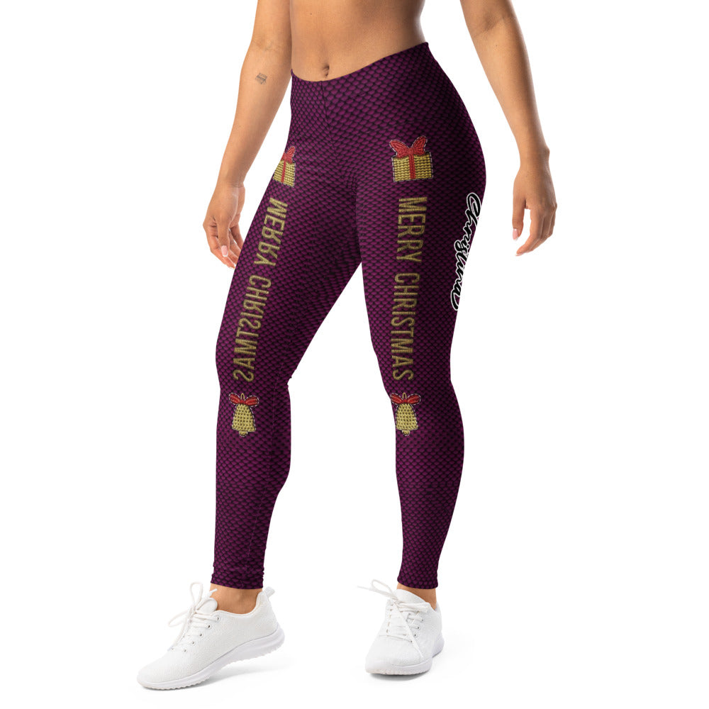 Personalisierte Damen Sportleggings Weihnachten Merry Christmas Design Weinrot Wabenmuster Fitness Leggings V302
