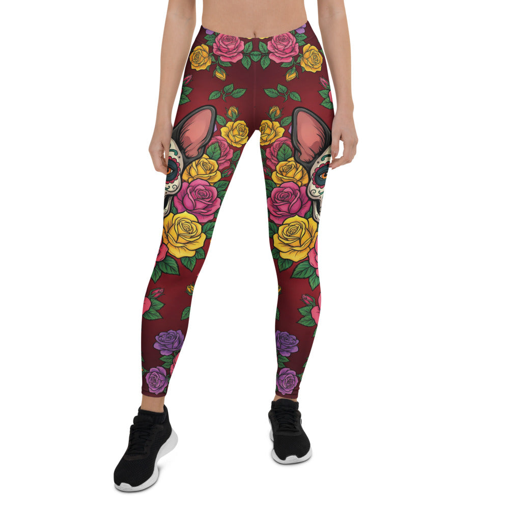 Personalisierte Damen Sportleggings Tag der Toten Design Sugar Skull Rosen Dunkelrot Fitness Yoga Leggings K840