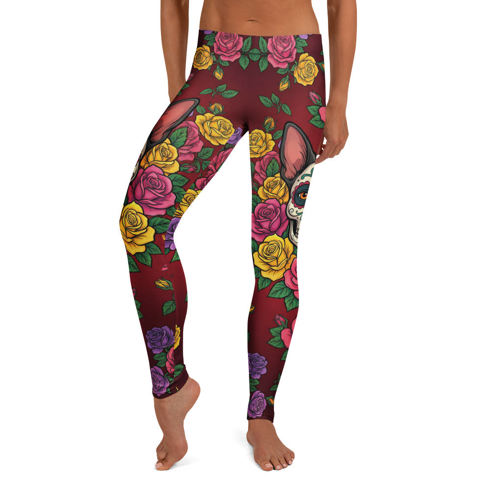 Personalisierte Damen Sportleggings Tag der Toten Design Sugar Skull Rosen Dunkelrot Fitness Yoga Leggings K840