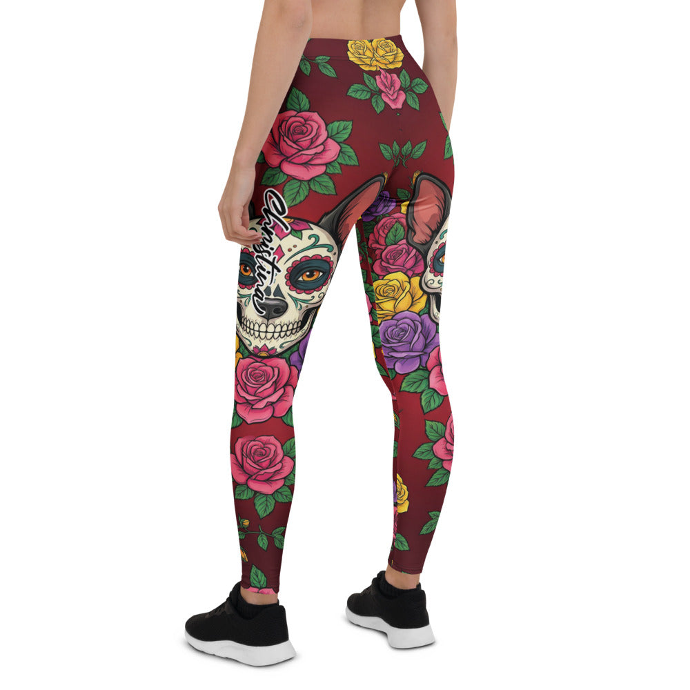 Personalisierte Damen Sportleggings Tag der Toten Design Sugar Skull Rosen Dunkelrot Fitness Yoga Leggings K840