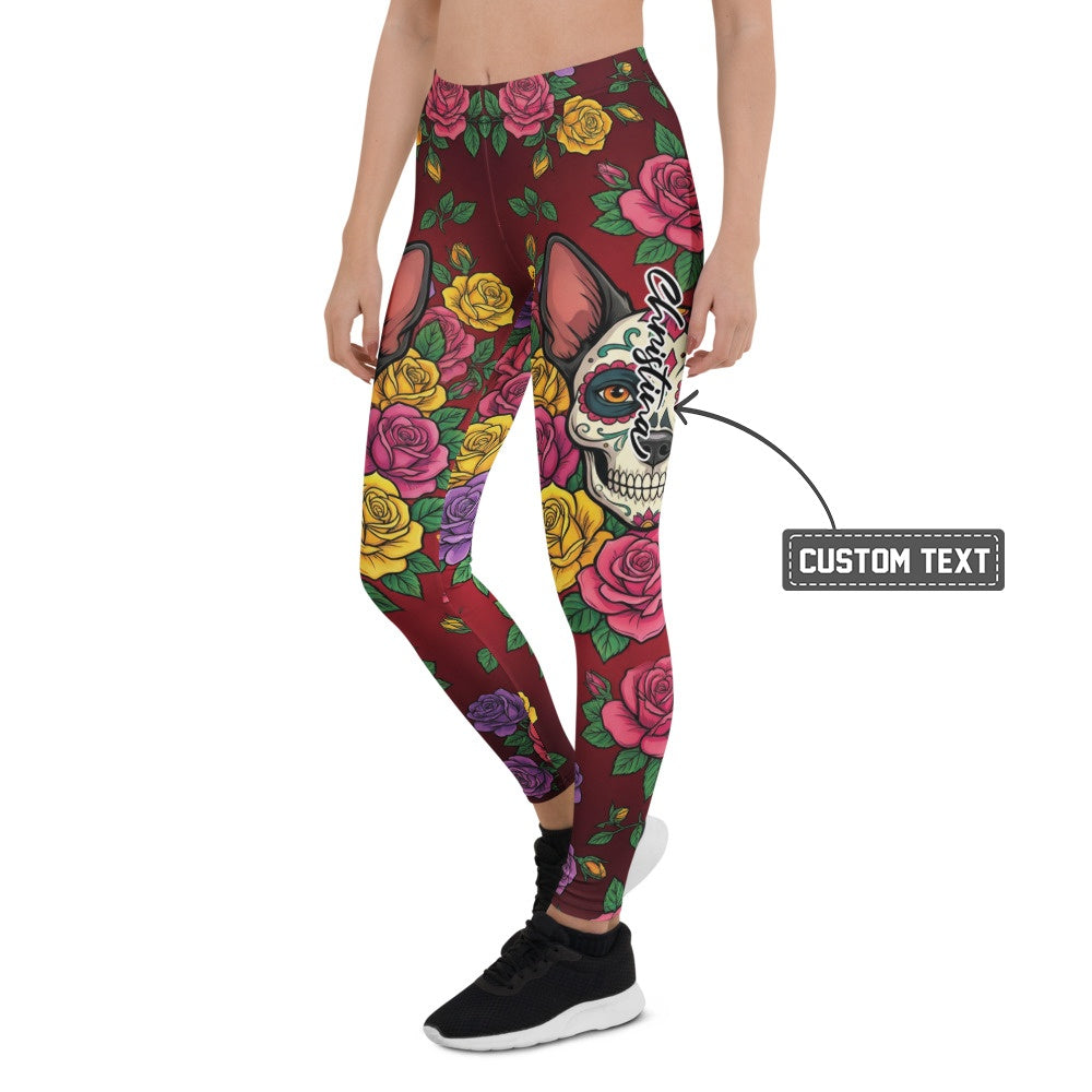 Personalisierte Damen Sportleggings Tag der Toten Design Sugar Skull Rosen Dunkelrot Fitness Yoga Leggings K840 - XL