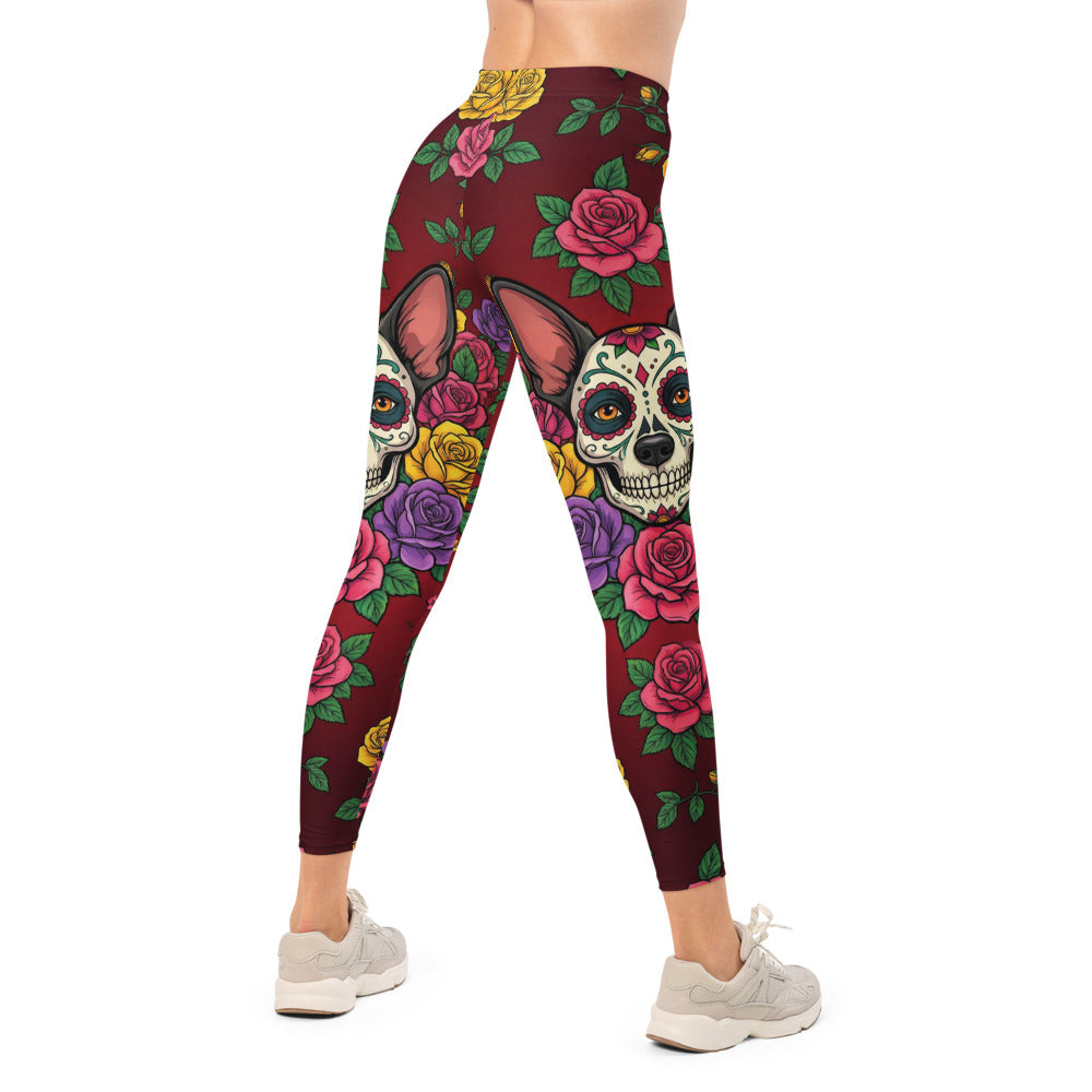 Personalisierte Damen Sportleggings Tag der Toten Design Sugar Skull Rosen Dunkelrot Fitness Yoga Leggings K840