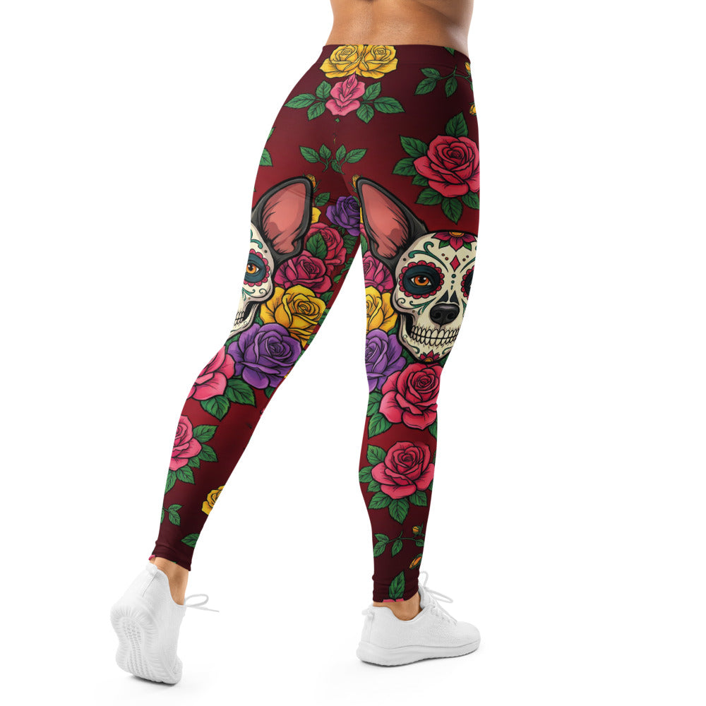 Personalisierte Damen Sportleggings Tag der Toten Design Sugar Skull Rosen Dunkelrot Fitness Yoga Leggings K840