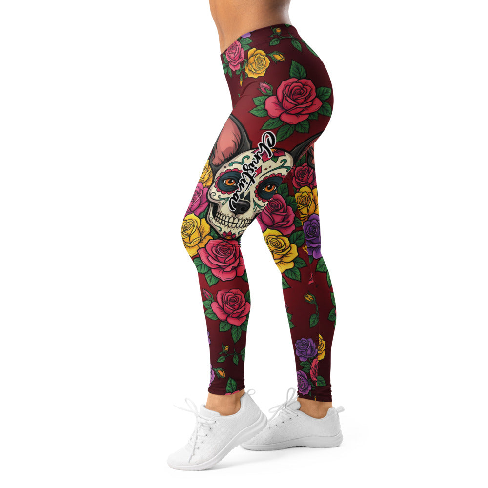 Personalisierte Damen Sportleggings Tag der Toten Design Sugar Skull Rosen Dunkelrot Fitness Yoga Leggings K840