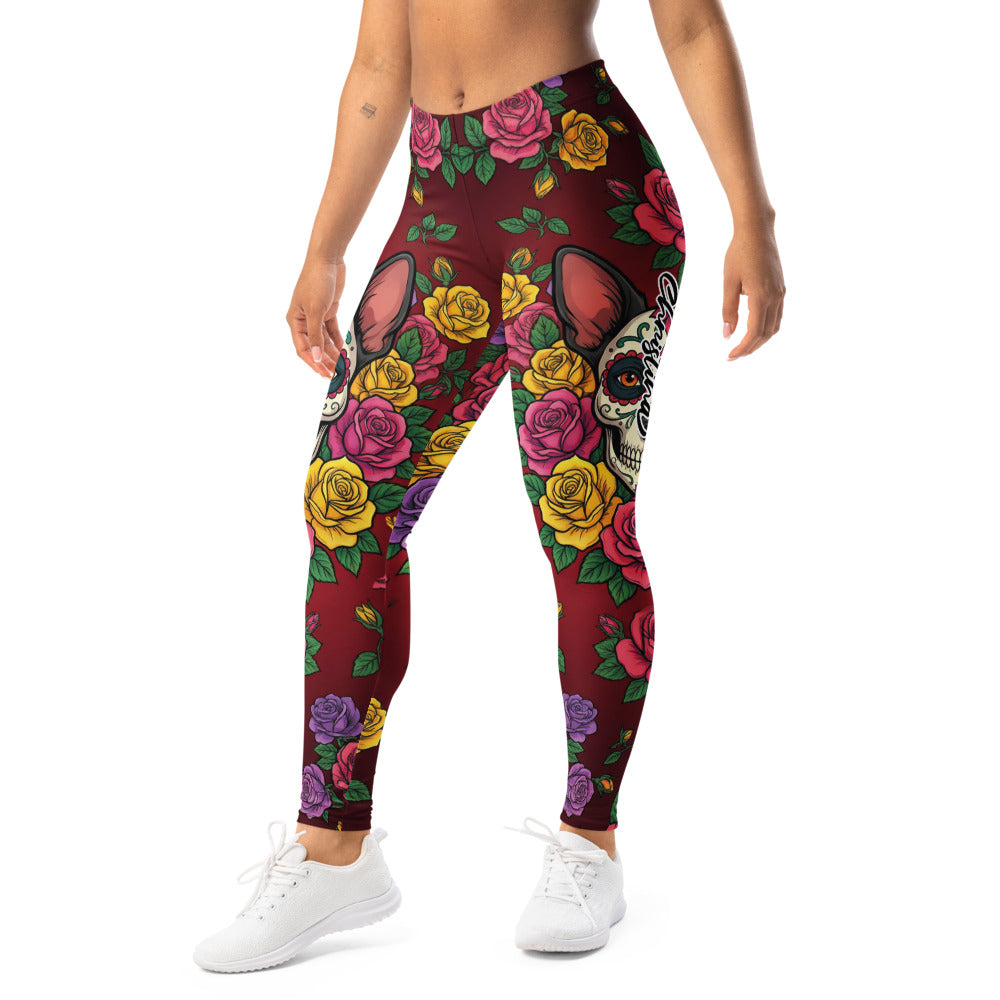 Personalisierte Damen Sportleggings Tag der Toten Design Sugar Skull Rosen Dunkelrot Fitness Yoga Leggings K840