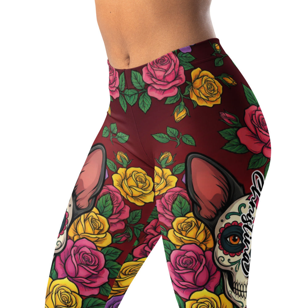 Personalisierte Damen Sportleggings Tag der Toten Design Sugar Skull Rosen Dunkelrot Fitness Yoga Leggings K840