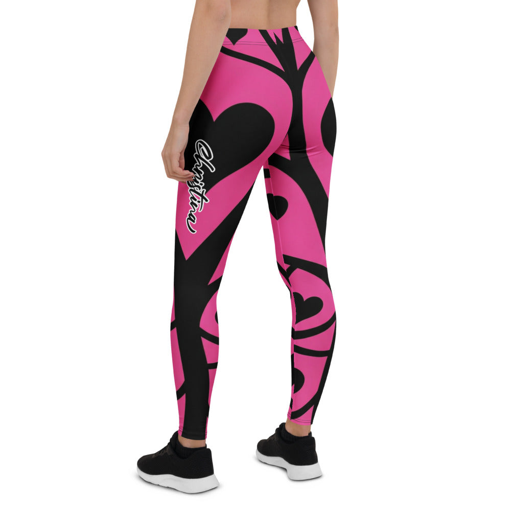 Personalisierte Sportleggings Damen Herzen Muster Pink Schwarz Abstrakt Fitness Yoga Leggings W414