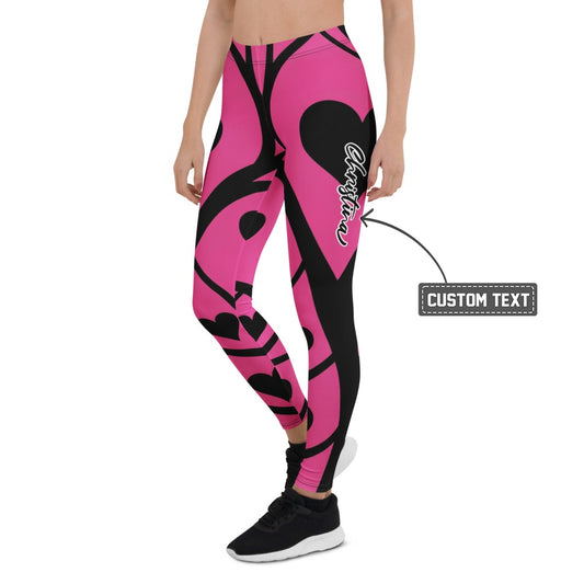Personalisierte Sportleggings Damen Herzen Muster Pink Schwarz Abstrakt Fitness Yoga Leggings W414 - XL