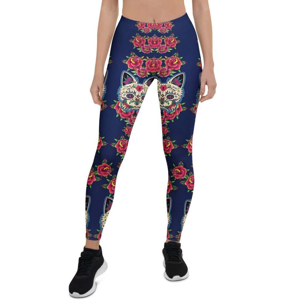 Personalisierte Damen Sportleggings Katzen Sugar Skull Rosen Design Dunkelblau Fitness Yoga Leggings U643