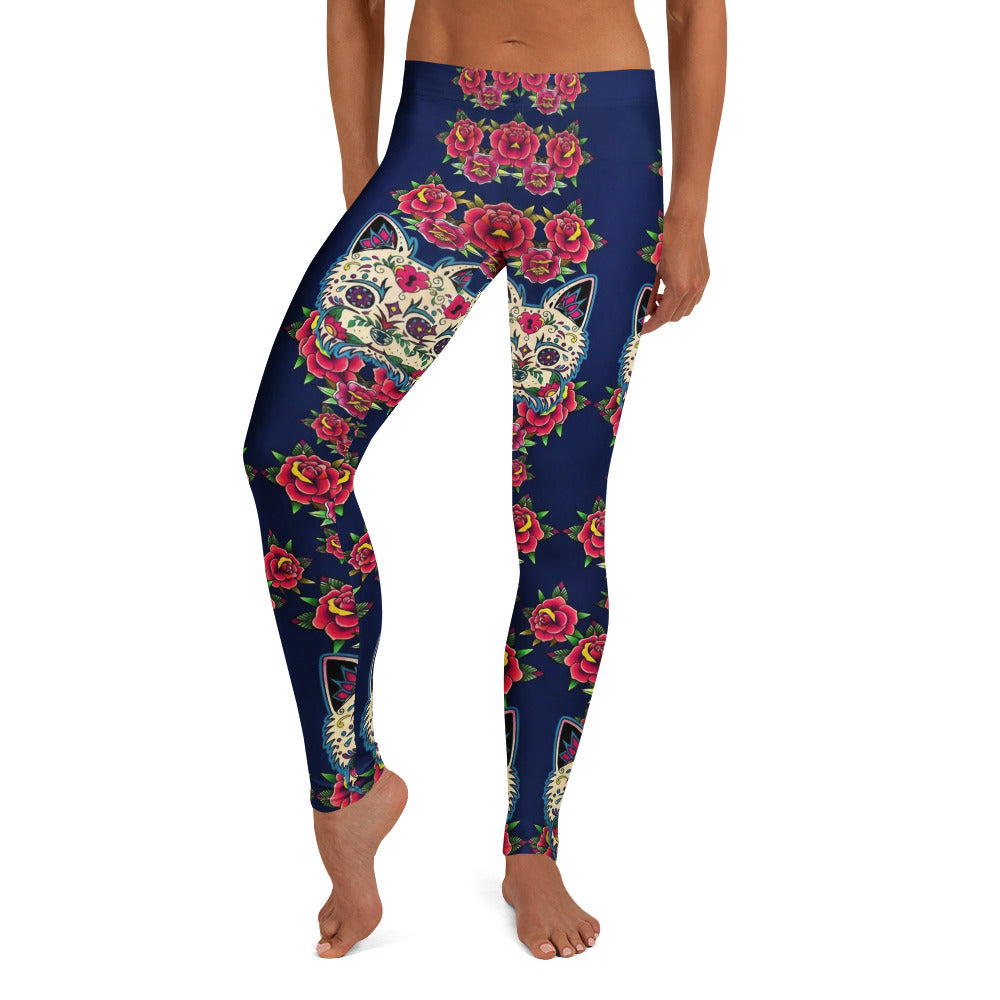 Personalisierte Damen Sportleggings Katzen Sugar Skull Rosen Design Dunkelblau Fitness Yoga Leggings U643