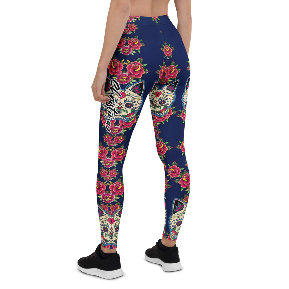 Personalisierte Damen Sportleggings Katzen Sugar Skull Rosen Design Dunkelblau Fitness Yoga Leggings U643