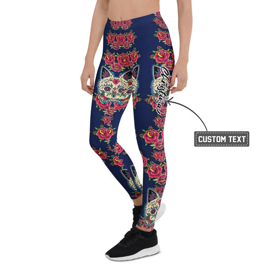 Personalisierte Damen Sportleggings Katzen Sugar Skull Rosen Design Dunkelblau Fitness Yoga Leggings U643 - XL