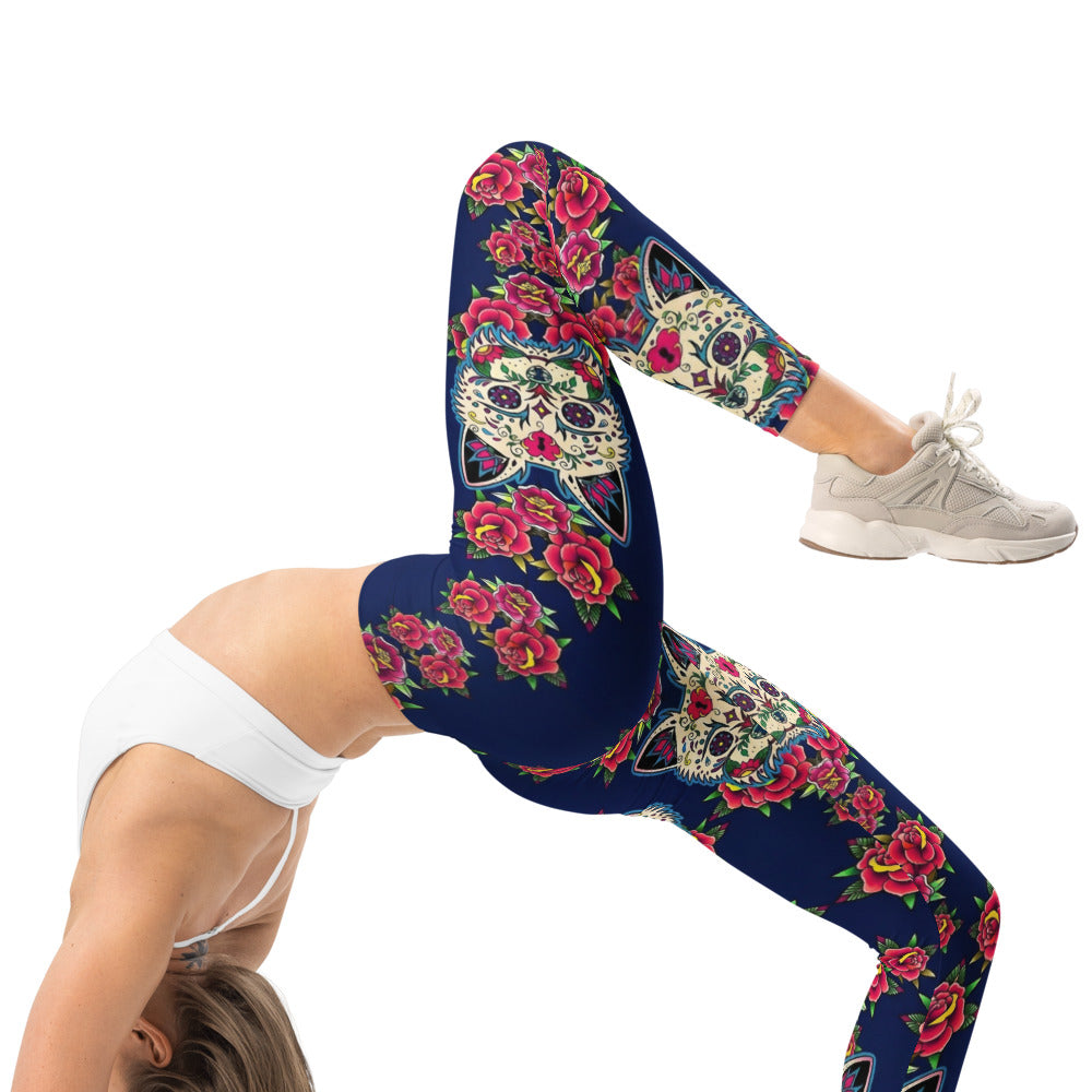 Personalisierte Damen Sportleggings Katzen Sugar Skull Rosen Design Dunkelblau Fitness Yoga Leggings U643