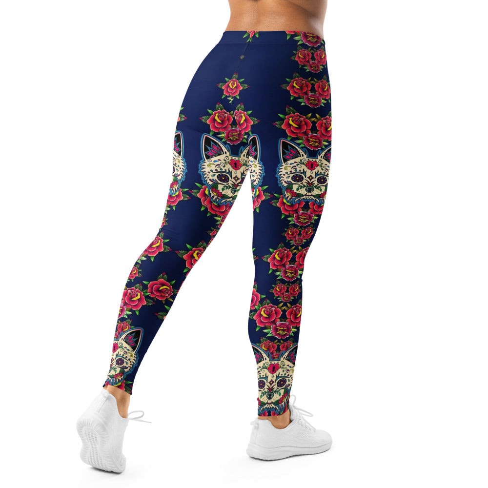 Personalisierte Damen Sportleggings Katzen Sugar Skull Rosen Design Dunkelblau Fitness Yoga Leggings U643