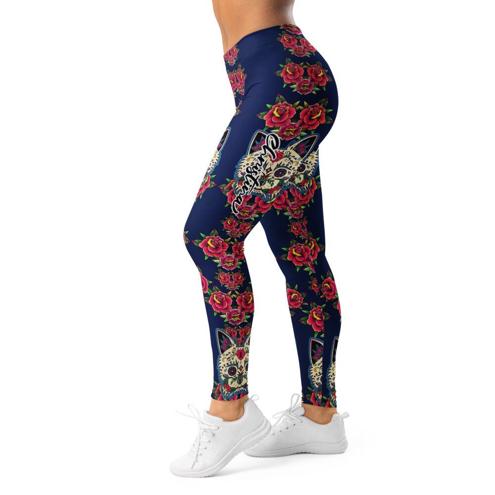 Personalisierte Damen Sportleggings Katzen Sugar Skull Rosen Design Dunkelblau Fitness Yoga Leggings U643