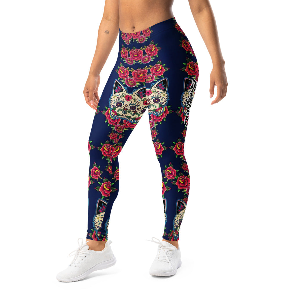 Personalisierte Damen Sportleggings Katzen Sugar Skull Rosen Design Dunkelblau Fitness Yoga Leggings U643