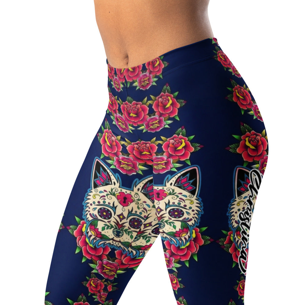 Personalisierte Damen Sportleggings Katzen Sugar Skull Rosen Design Dunkelblau Fitness Yoga Leggings U643