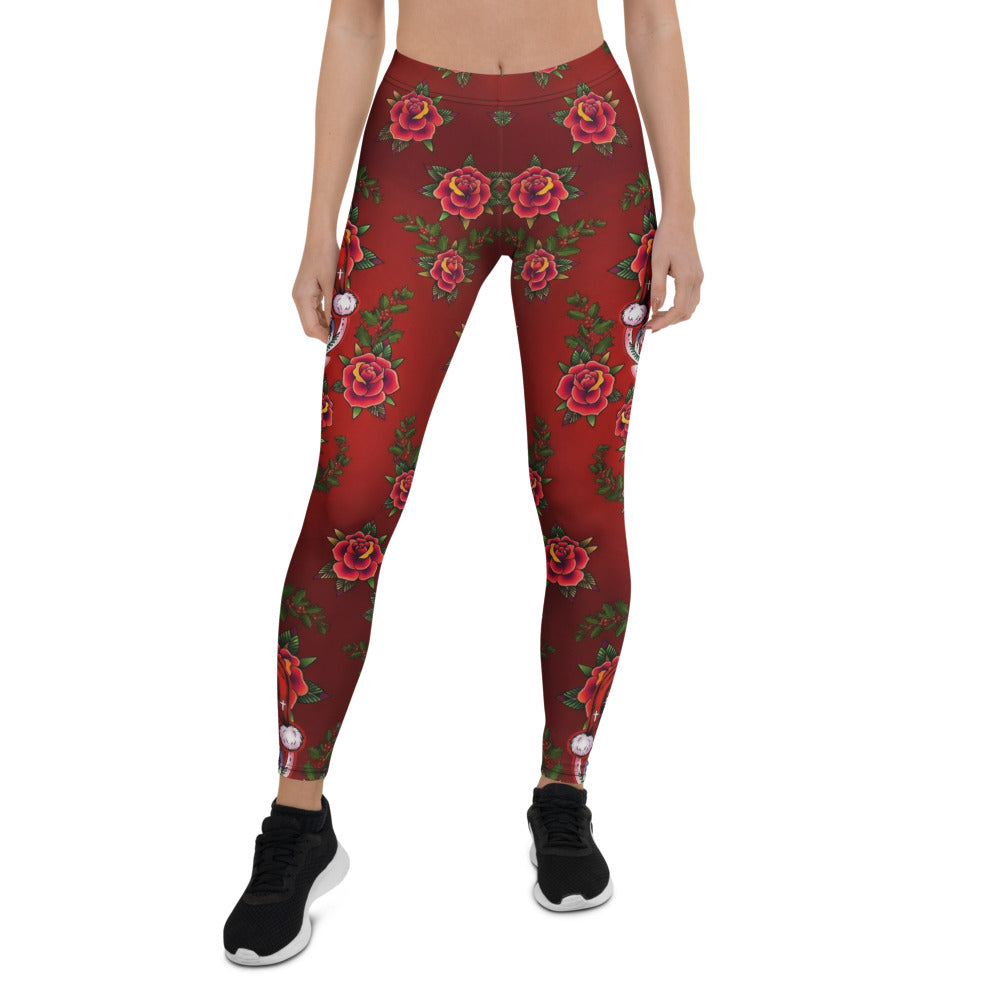 Personalisierte Damen Sportleggings Rosen Totenkopf Design Rot Fitness Leggings Weihnachts-Stil H176